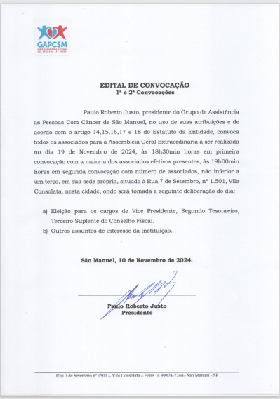 Edital Grupo de Apoio aos Portadores de Câncer