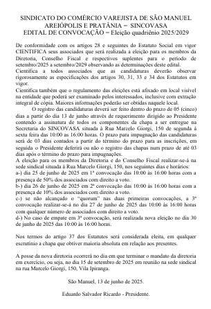 Edital – Sindicato do comercio varejista de São Manuel Areiópolis e Pratânia.