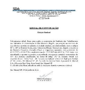 Edital- Sindicato Dos Trabalhadores Nas Indústrias De Alimentação De São Manuel e Região.