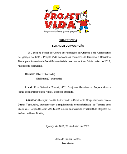 Edital Projeto Vida – Igaraçu do Tietê